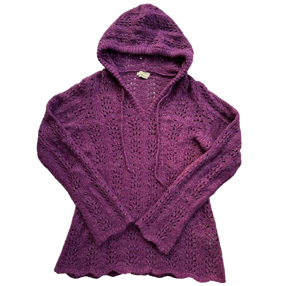 Royal Robbins Crochet Knit Hoodie Wmn Large Purple Wool Blend Pointelle Sweater